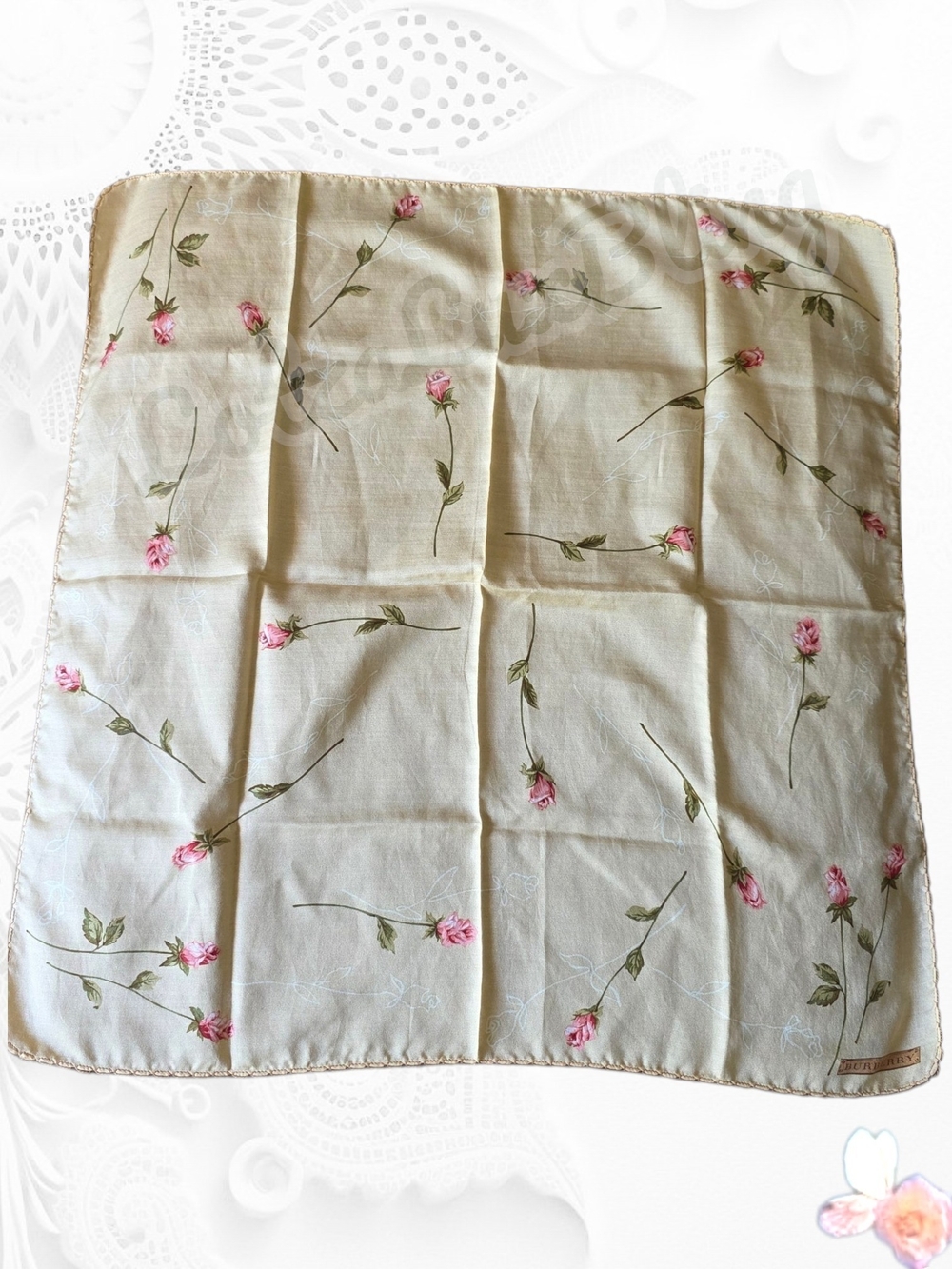 Vintage Burberry Rose Floral Neck Scarf Cotton Head Scarf 22x22 Cottagecore - Picture 3 of 8